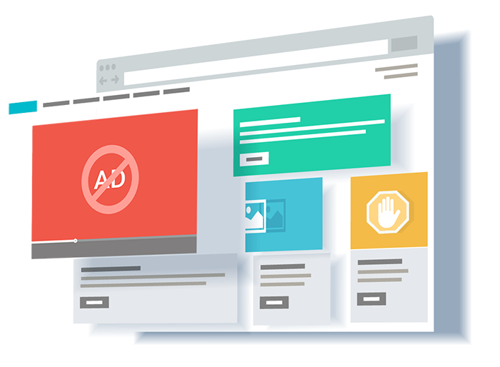 ad blocker preventing various types of ads including video, pop-ups, and banners on a browser screen