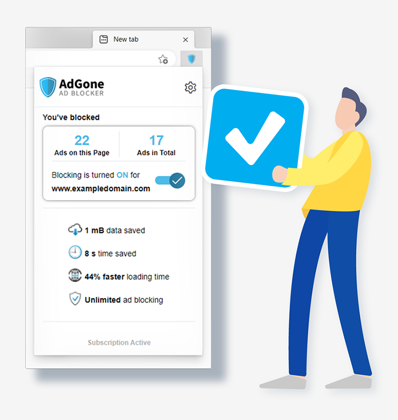 AdGone ad blocker extension UI showing faster loading time and amount of ads blocked